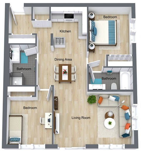 Floor plan for 2 beds, 2 baths, 937 sqft